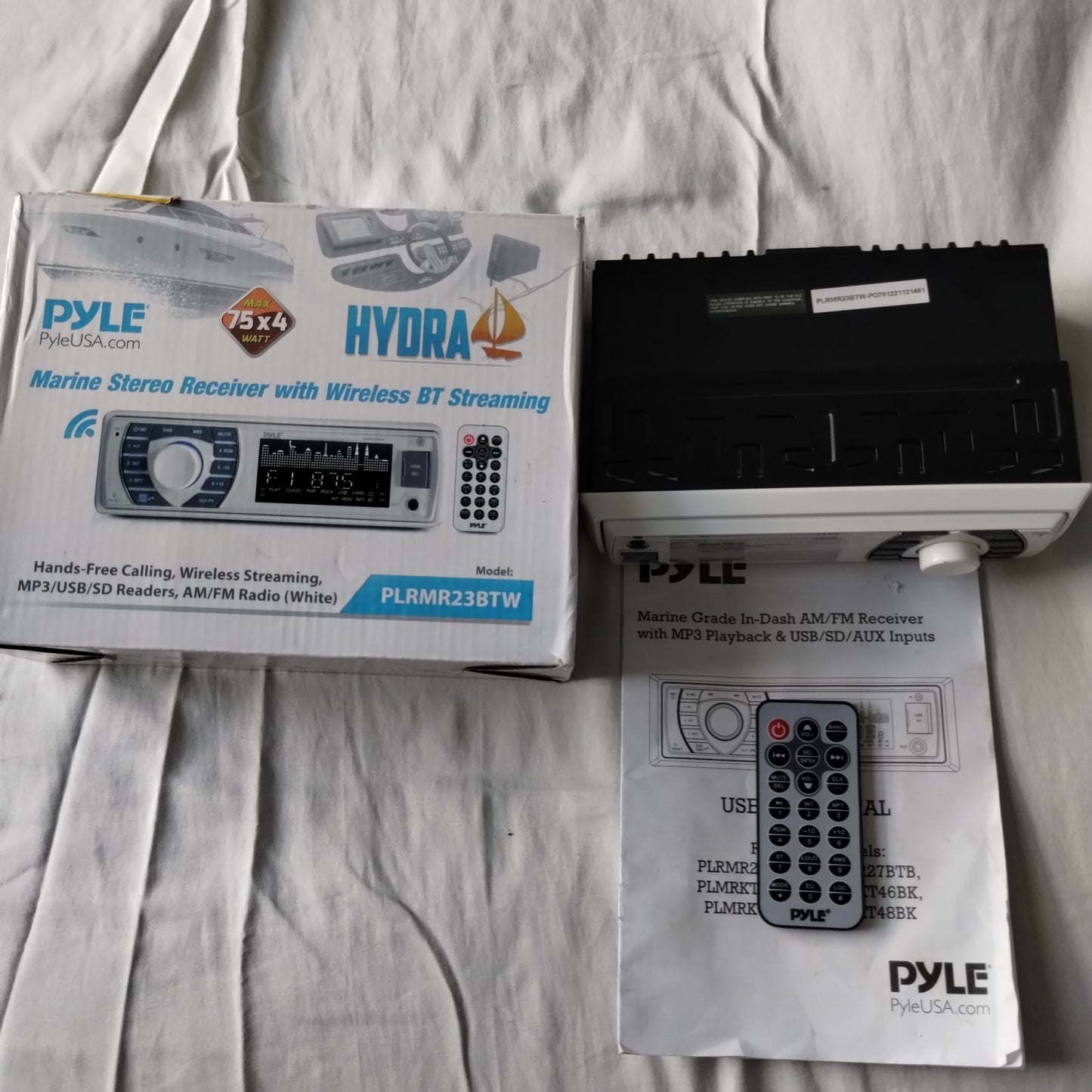 Pyle Bluetooth Marine Receiver Stereo - 12v Single DIN Style Boat In dash Radio Receiver System with Digital LCD, RCA, MP3, USB, SD, AM FM Radio - Remote Control, Wiring Harness - PLRMR23BTW (White)