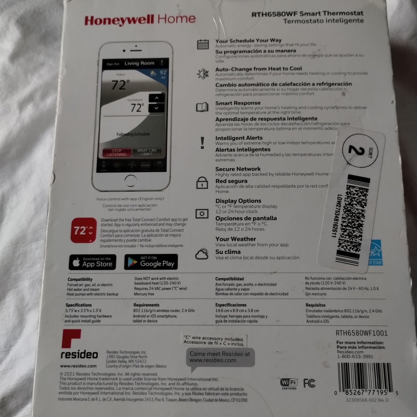 Honeywell Home Wi-Fi 7-Day Programmable Thermostat (RTH6580WF), Requires C Wire, Works with Alexa