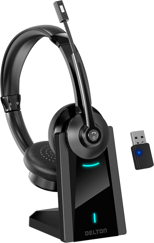 Bluetooth Headset with Noise Cancelling Mic and Charging Dock, Wireless Headphones with Mic, 2-Earpiece with Auto-Pair USB Dongle for PC/Laptop, Handsfree/Dual Connect/Mute, for